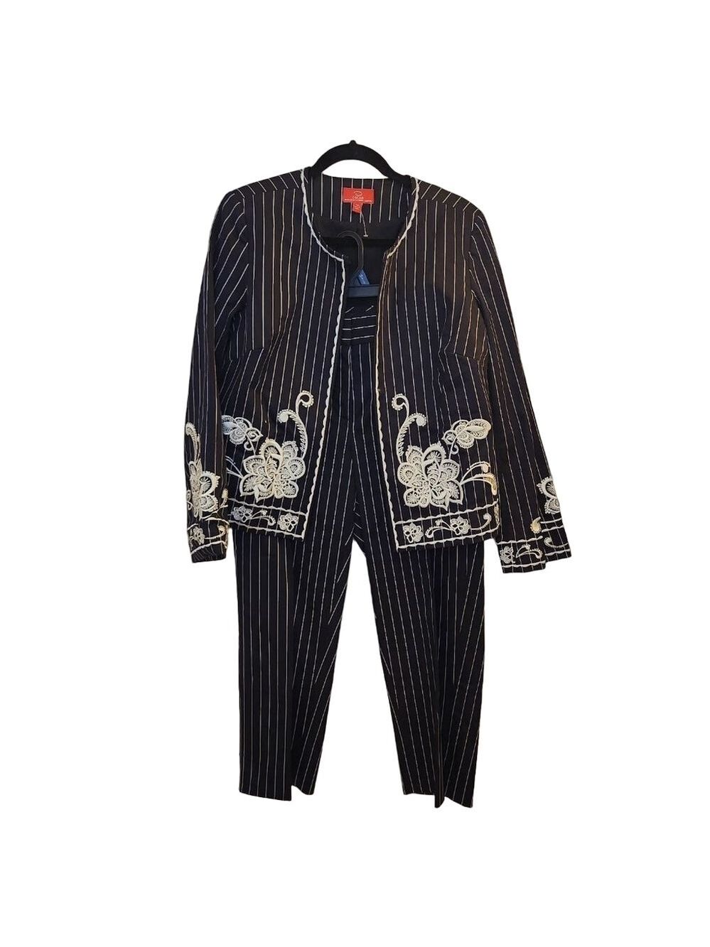 Oscar de la Renta Navy Blue Pinstripe Embroidered Floral Pantsuit Sz: 10 cotton - Picture 2 of 14